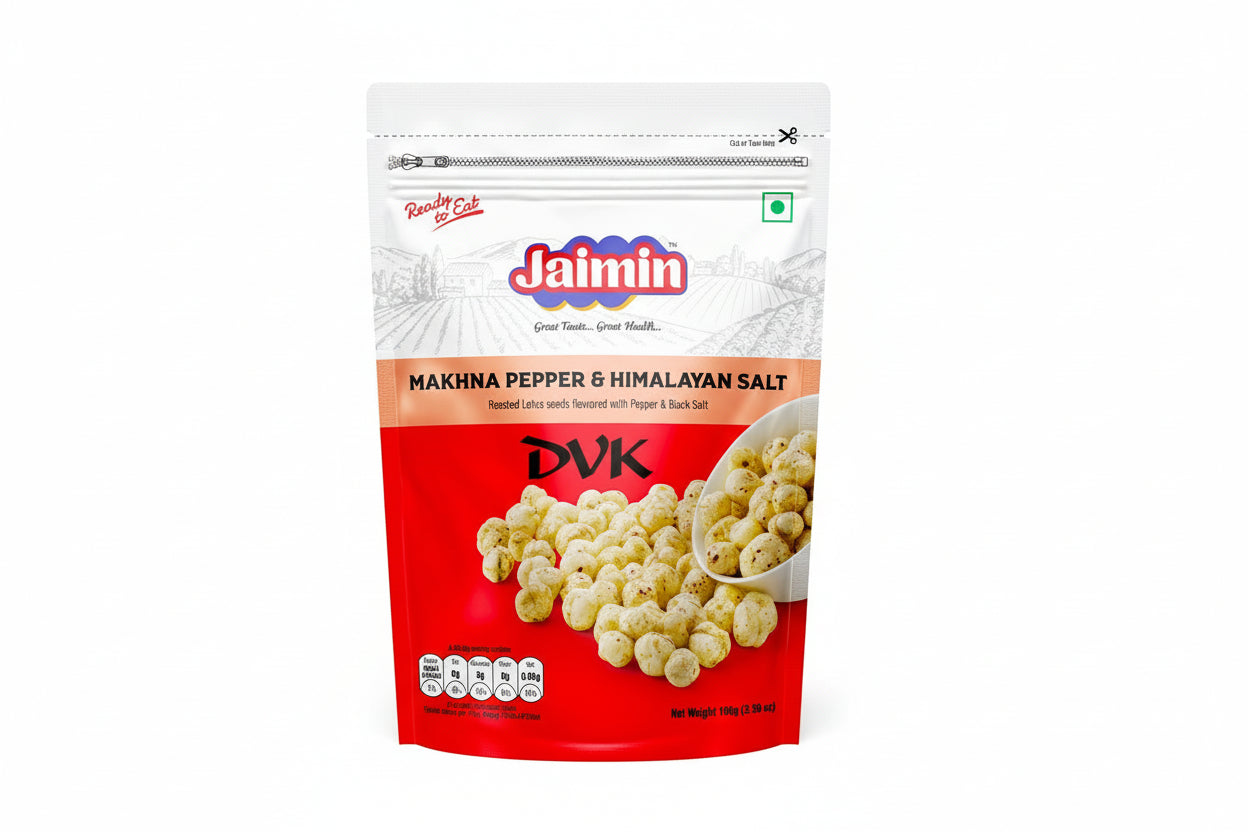 Jaimin brand packaging of Makhna Pepper & Himalayan Salt on a white background