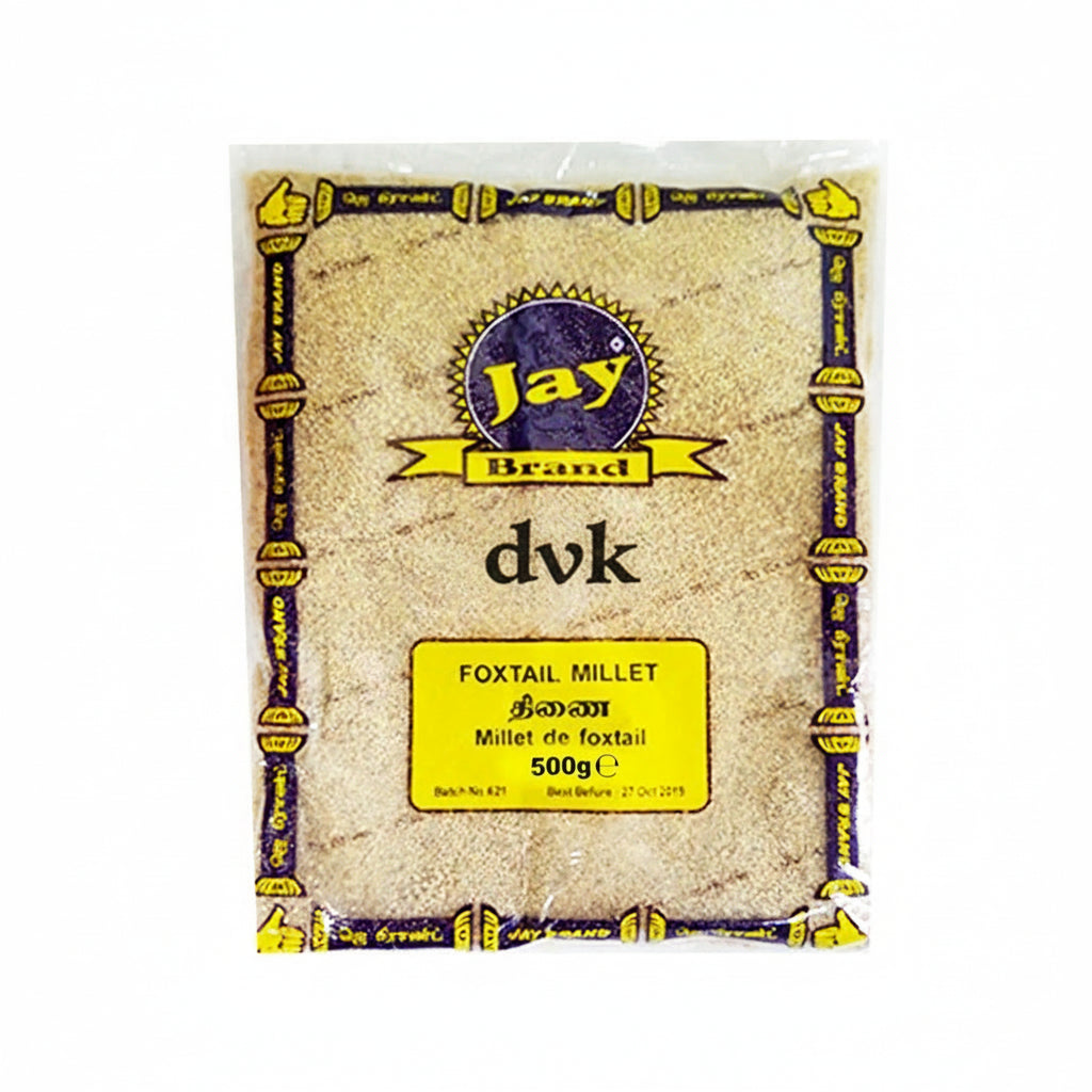 Packaged foxtail millet from Jay Brand on a white background