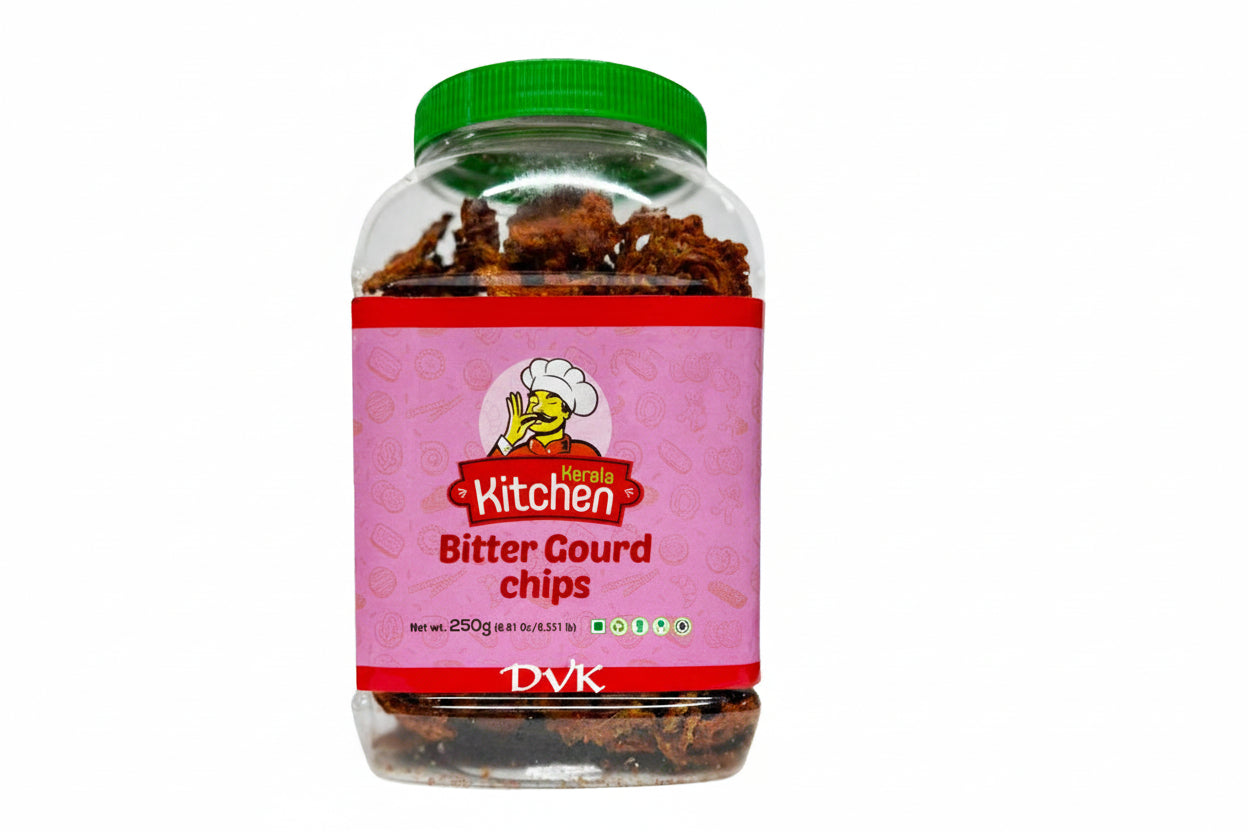 Jar of bitter gourd chips with a pink label on a white background