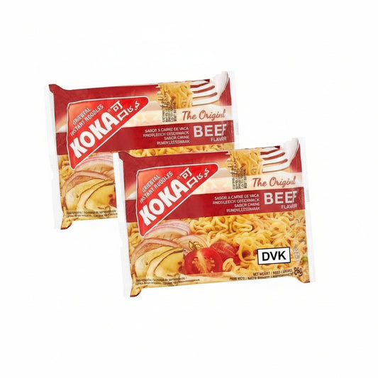 Two packages of Koka Els beef noodles on a white background