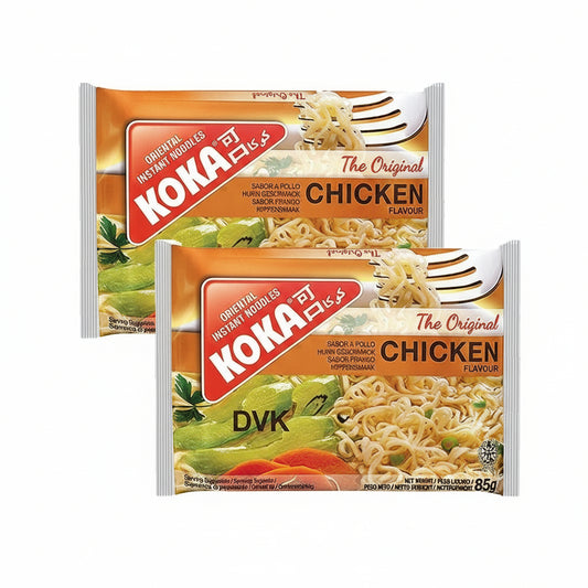 Two packages of Koka's instant noodles with chicken flavor on a white background