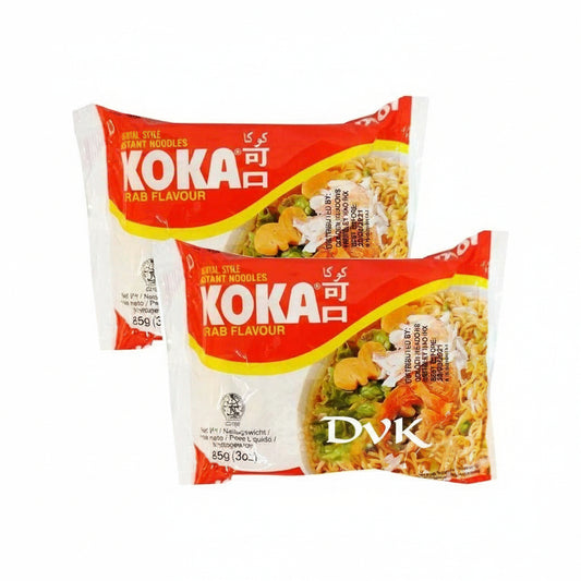 Two packages of Koka Rab Flavour noodles on a white background