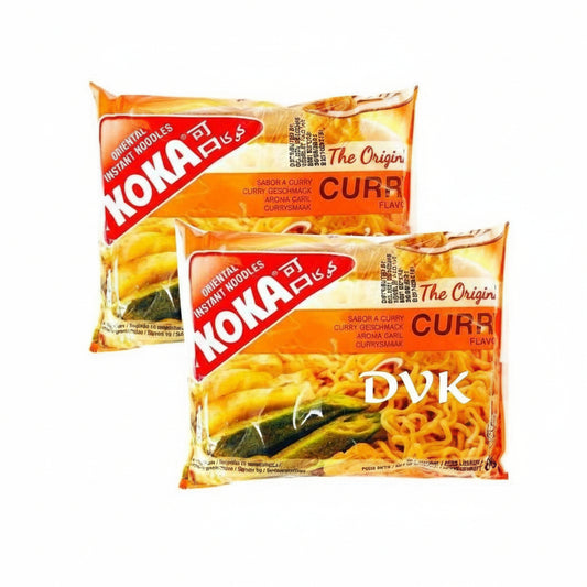 Two packages of Noka instant noodles with a curry flavor on a white background