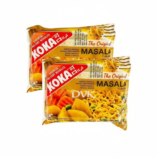 Two packages of Koka instant noodles with Masala flavor on a white background