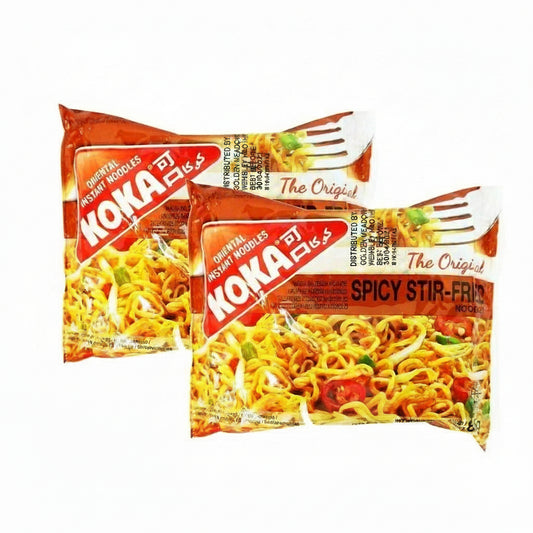 Two packages of Koka noodles with spicy stir-fry flavor on a white background