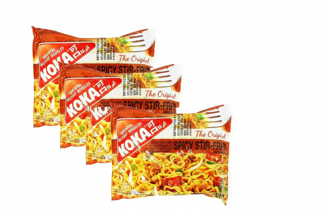 Multiple packages of Koka Spicy Stir-Fry noodles on a white background