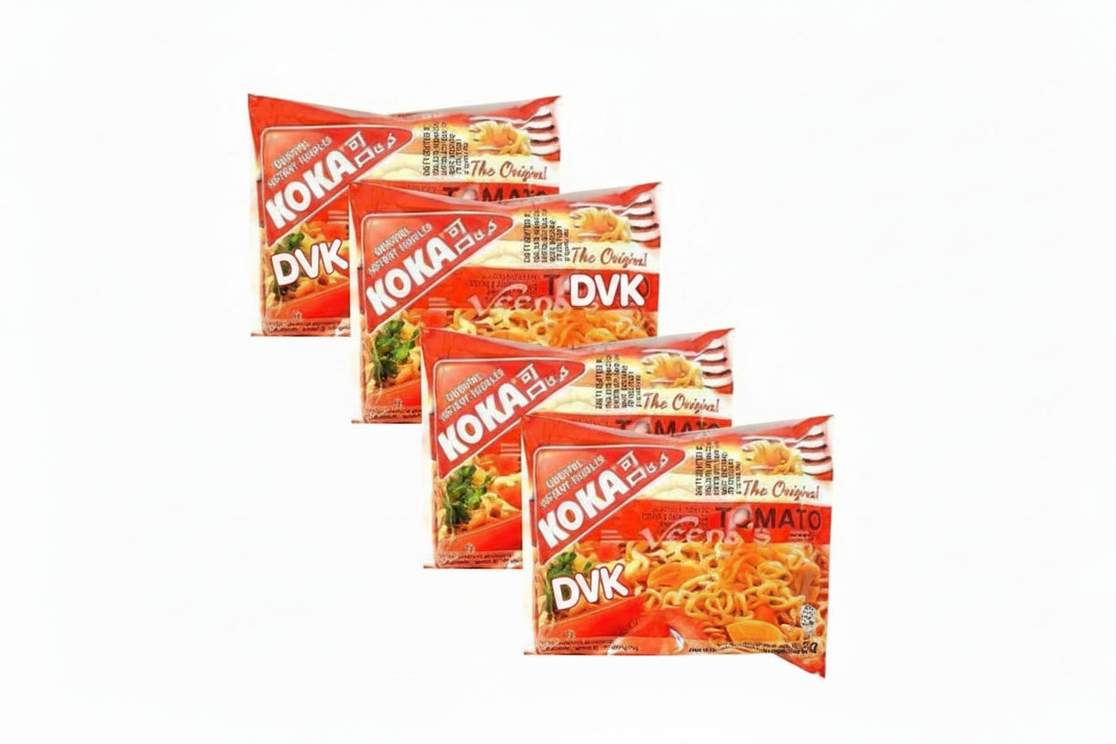 Multiple packages of Koka Tomato noodles on a white background