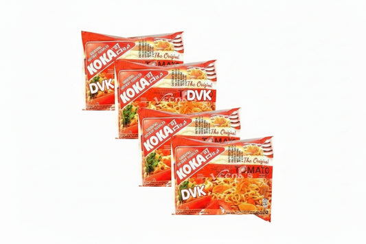Multiple packages of Koka Tomato noodles on a white background