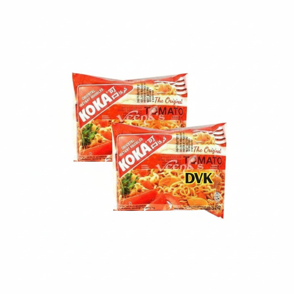 Two packages of Koka brand tomato noodles on a white background
