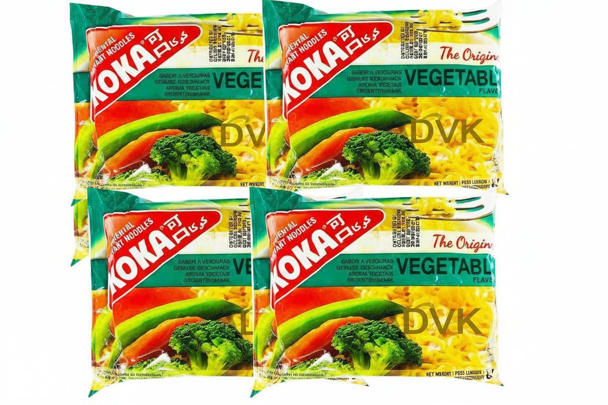 Four packages of Koka Plus vegetable noodles on a white background