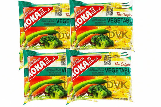 Four packages of Koka Plus vegetable noodles on a white background