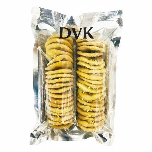Packaged cookies with 'DVK's' branding on a white background