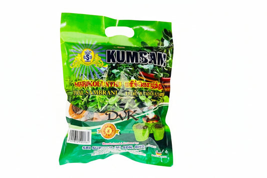 Green packaging of Kumban with images of food items on a white background