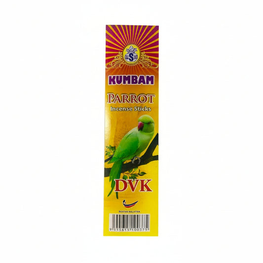 Kumbam Parrot Incense Sticks packaging with a green parrot illustration on a yellow background