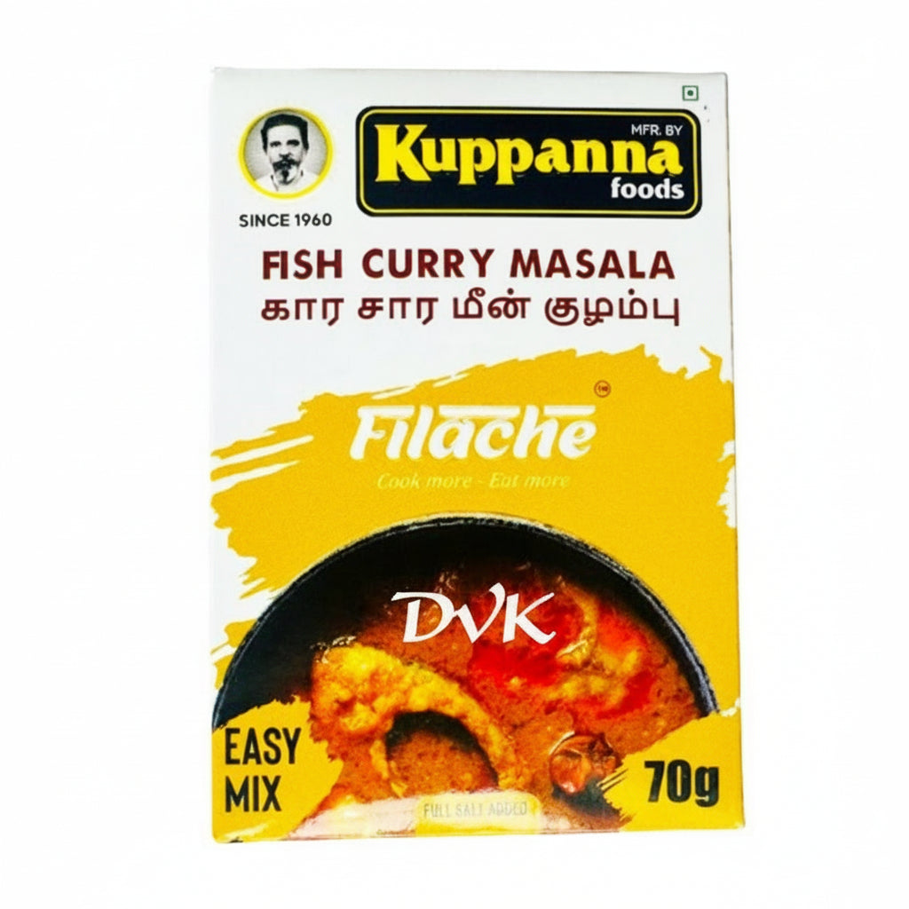 Kuppanna Foods Fish Curry Masala package with yellow background and image of curry.