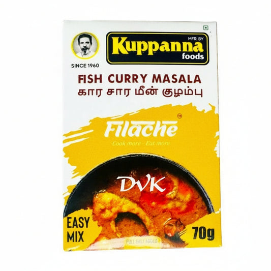 Kuppanna Foods Fish Curry Masala package with yellow background and image of curry.