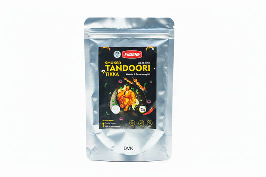 Packaged smoked tandoori tikka seasoning kit on a white background