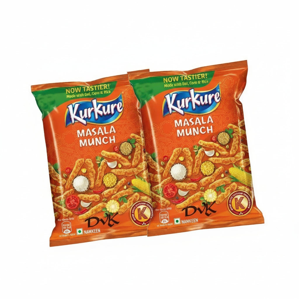 Two packets of Kurkure Masala Munch on a white background