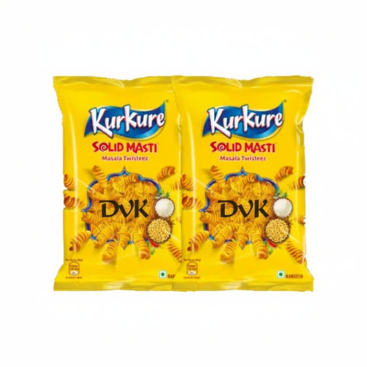 Two yellow packets of Kurkure Solid Masti on a white background