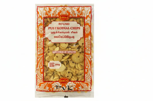 Packaged round pulukodial chips with decorative orange and white pattern on a white background