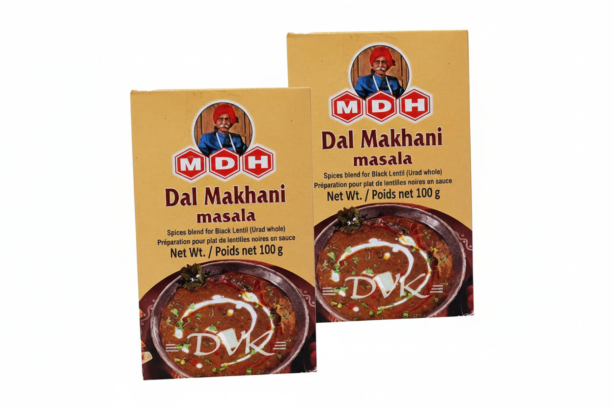 Two packages of MDH Dal Makhani masala on a white background