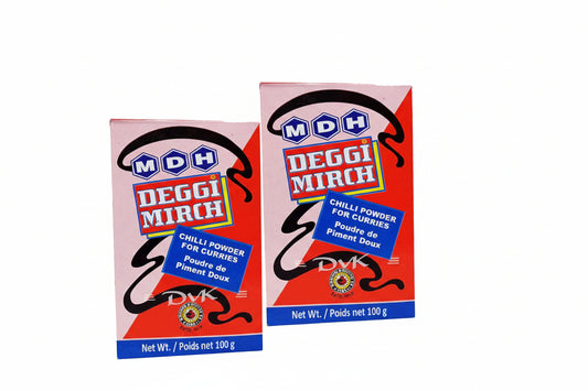 Two packages of MDH Deggi Mirch Chilli Powder for Curries on a white background