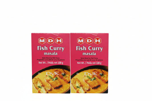 Two boxes of MDH Fish Curry masala on a white background