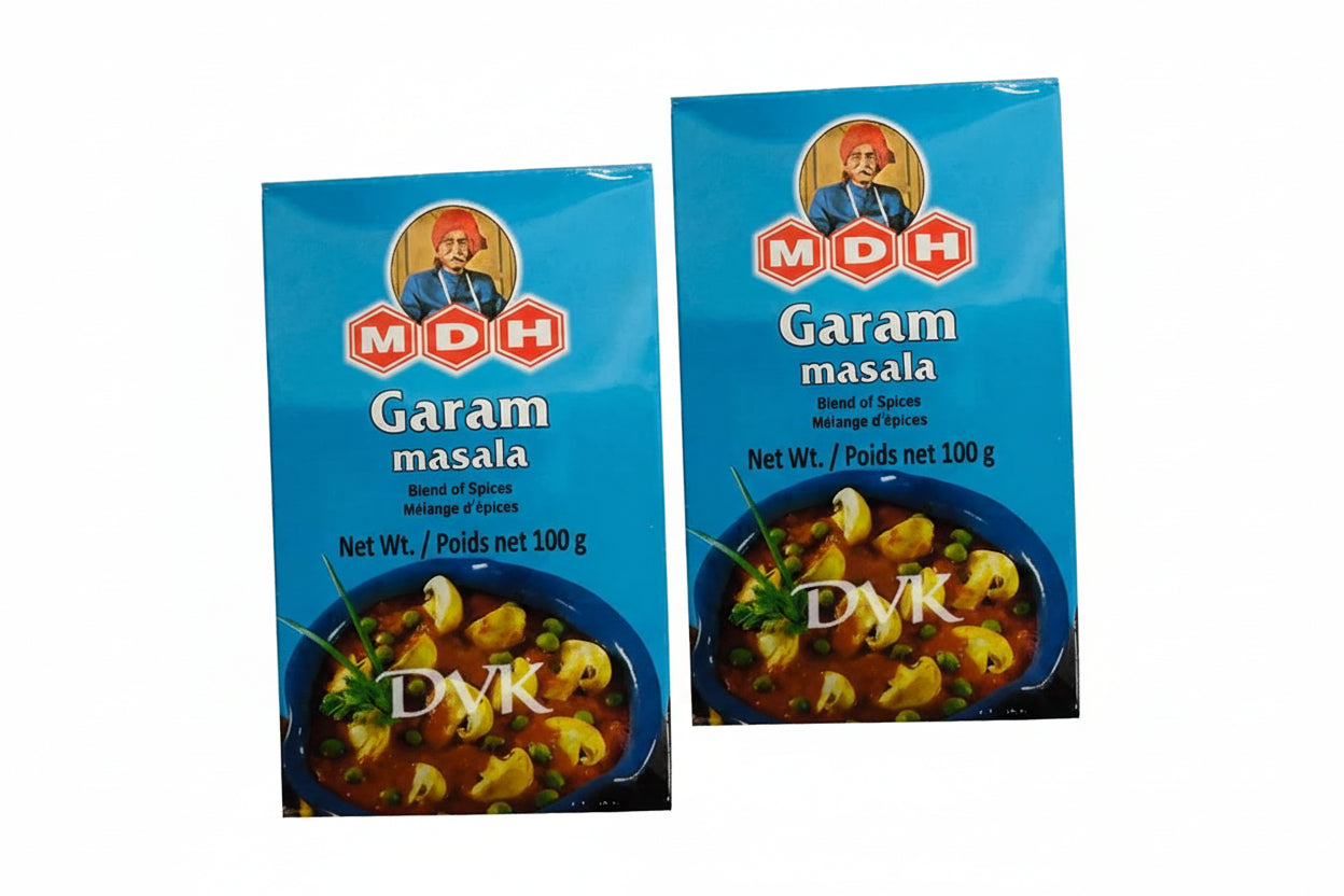 Two packages of MDH Garam masala spice mix on a white background