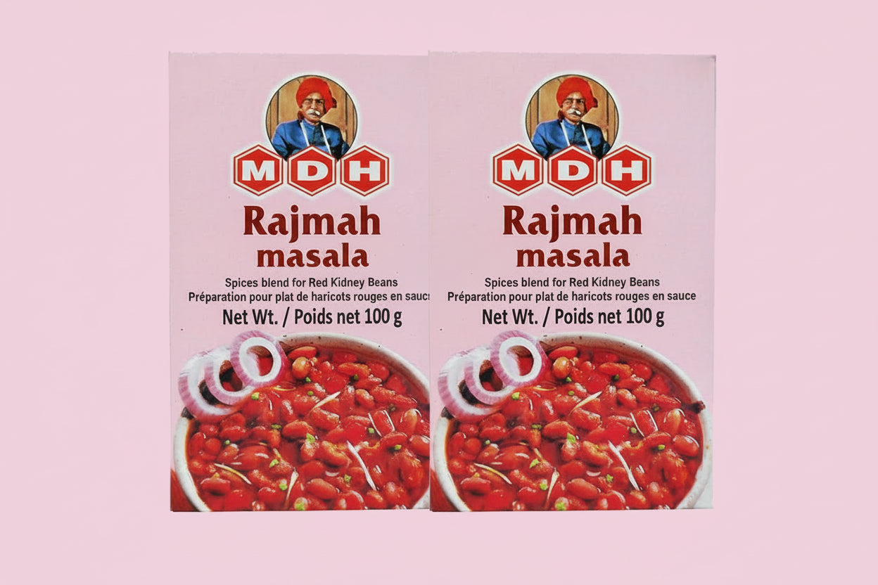 Two boxes of MDH Rajmah masala spice blend on a white background