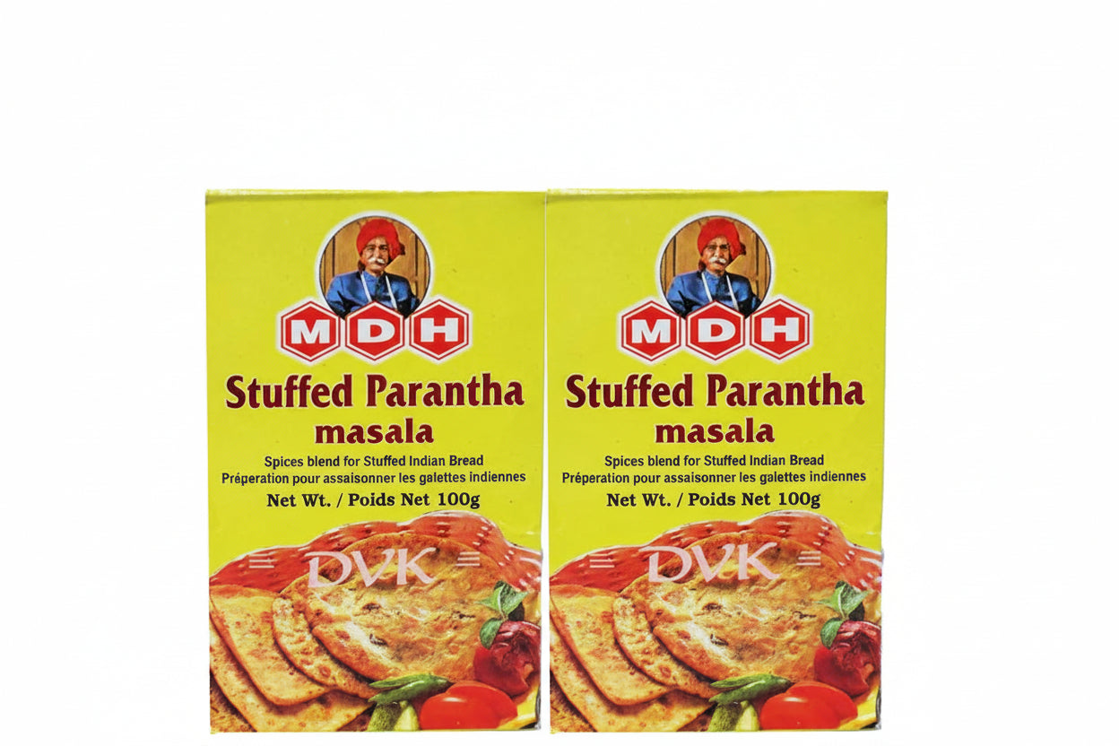 Two boxes of MDH Stuffed Parantha masala on a white background