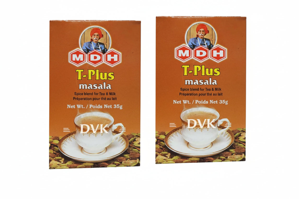 Two boxes of MDH T-Plus masala spice blend for tea on a white background