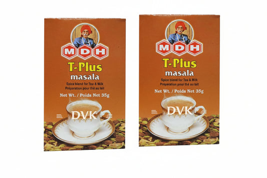 Two boxes of MDH T-Plus masala spice blend for tea on a white background