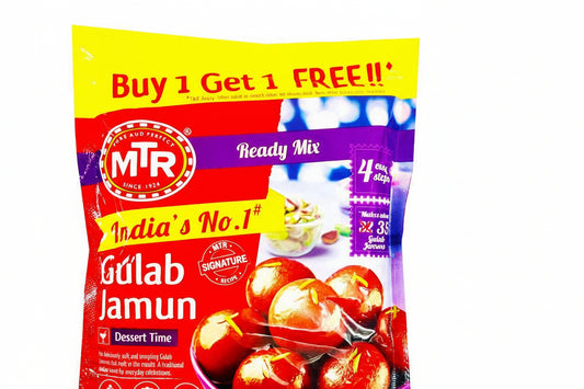 MTR Gulab Jamun ready mix packaging with promotional text on a white background