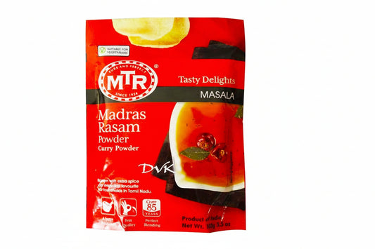 MTR Madras Rasam Powder packaging on a white background