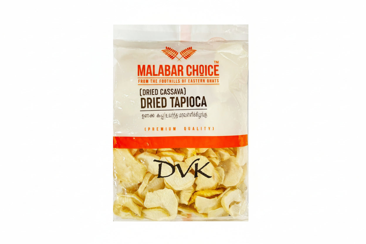 Packaged dried tapioca with Malabar Choice branding on a white background