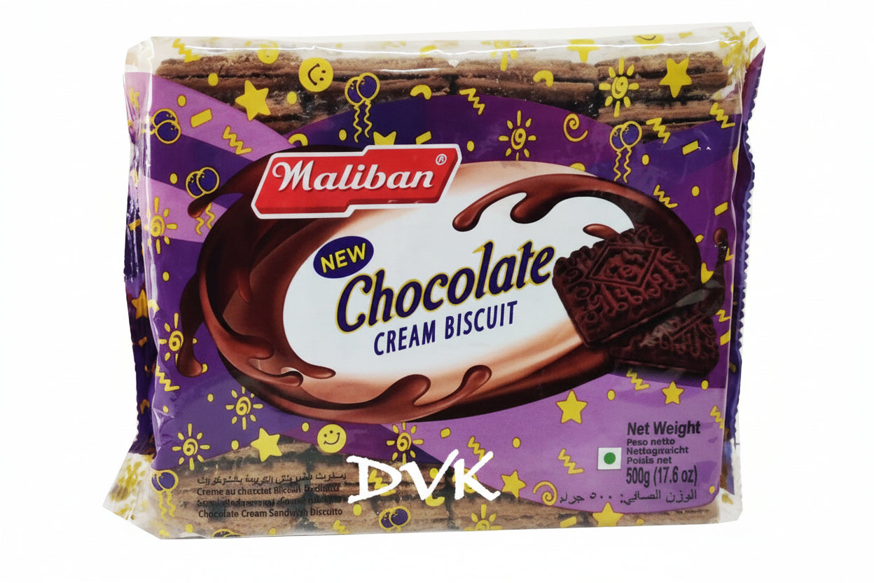 Packaged chocolate cream biscuits with Maliban branding on a white background