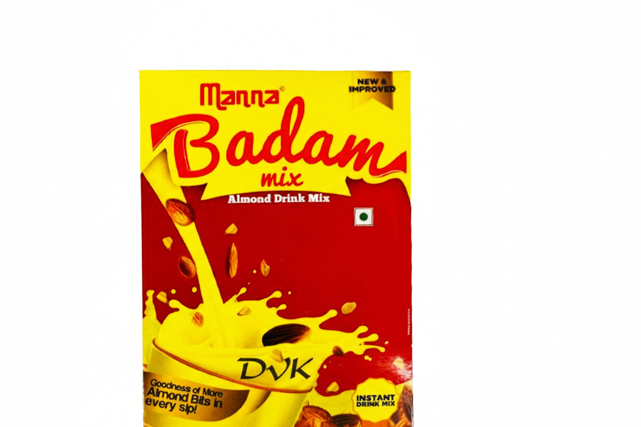 Manna Badam mix almond drink mix packaging on a white background