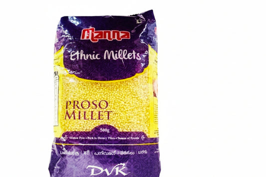 Packaged proso millet with purple and yellow design on a white background