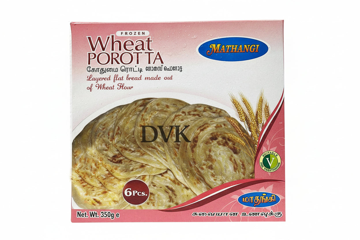 Mathangi Wheat Porotta packaging with a picture of porotta on a white background