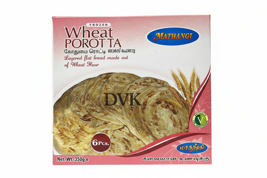 Mathangi Wheat Porotta packaging with a picture of porotta on a white background