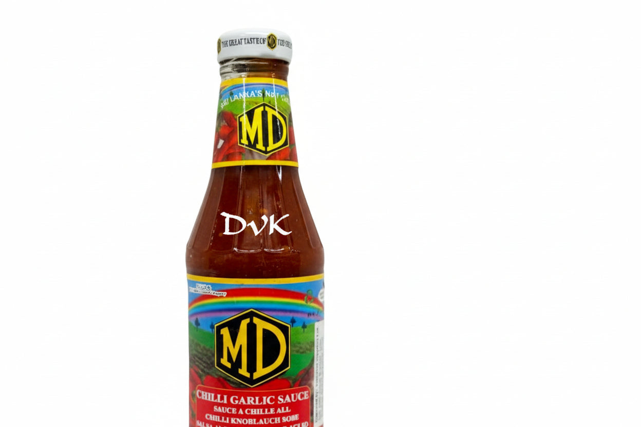 Bottle of MD Chilli Garlic Sauce with colorful label on a white background