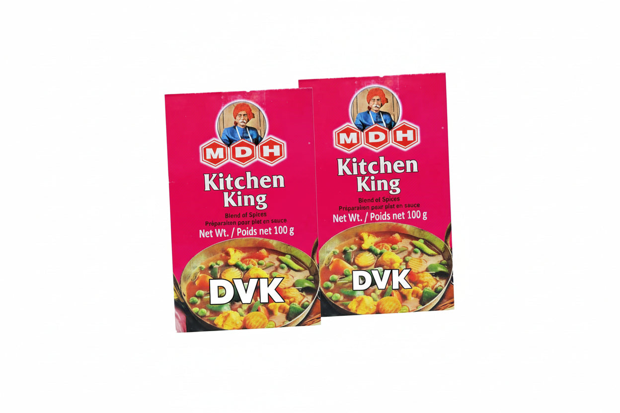 Two packages of MDH Kitchen King seasoning on a white background