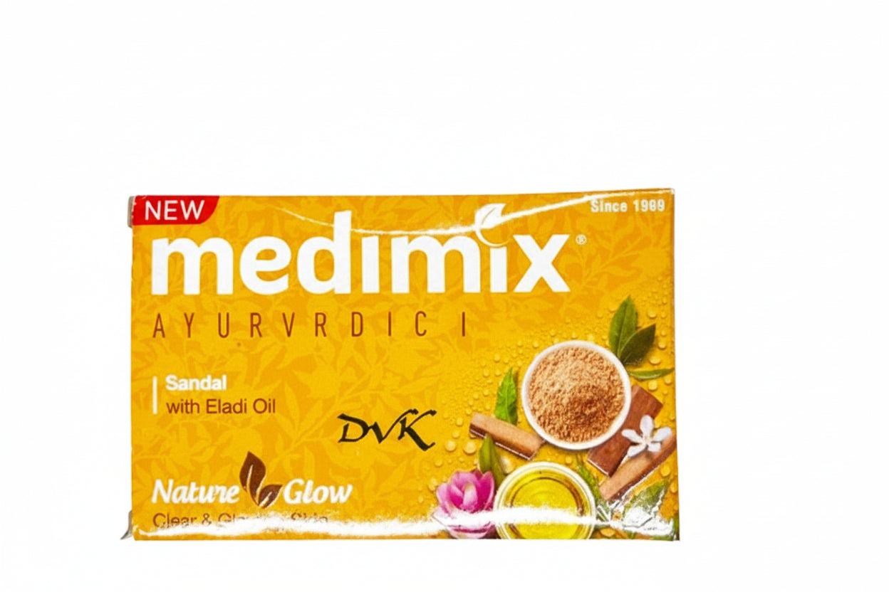 Medimix Ayurvedic soap packaging with sandalwood and Eladi oil ingredients on a white background
