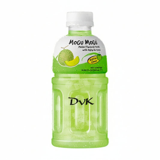 Green bottle of DVK's Mogu Mogu Melon Flavored Drink on a white background