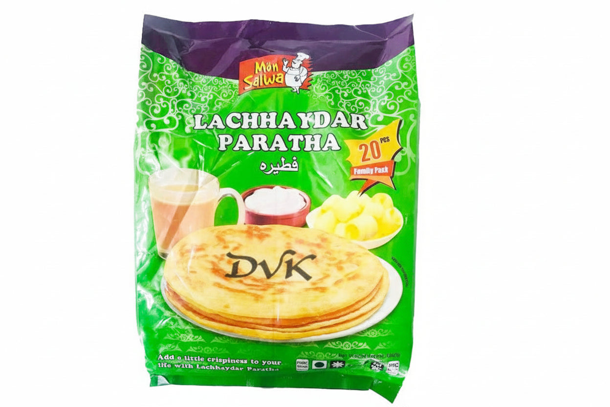 Packaged Lachhaydar Paratha with branding on a green background