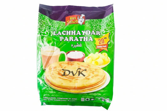 Packaged Lachhaydar Paratha with branding on a green background