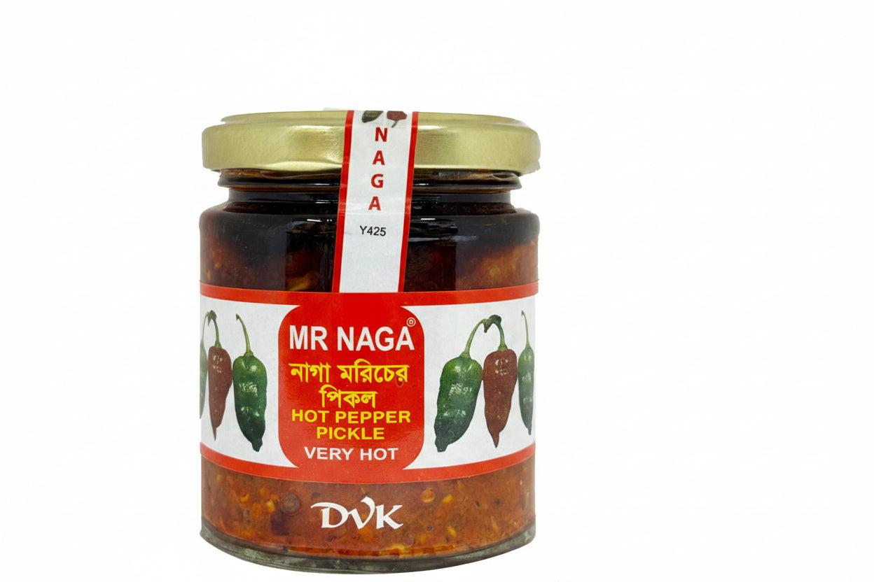 Jar of Mr Naga hot pepper pickle with a red label on a white background
