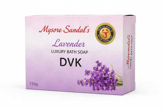 Mysore Sandals Lavender luxury bath soap packaging with lavender flowers on a white background