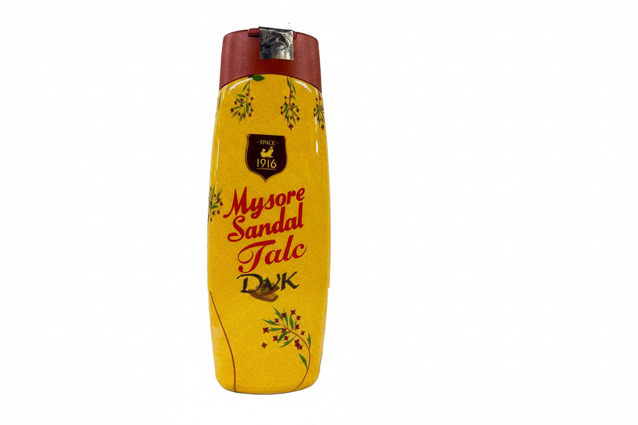 Yellow bottle of Mysore Sandal Talc with red cap on a white background