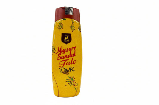 Yellow bottle of Mysore Sandal Talc with red cap on a white background